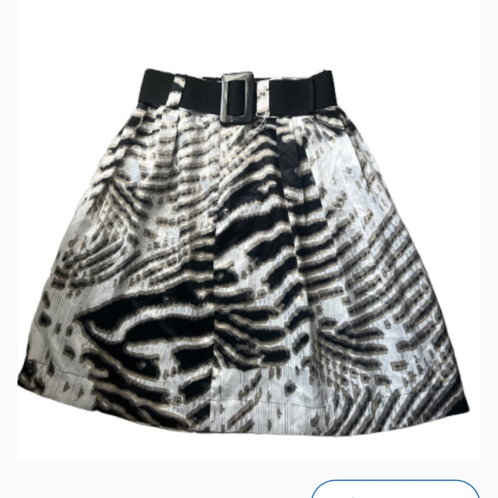 WORTHINGTON round midi knee Skirt cream tan &‎ black print Belted size 10 large